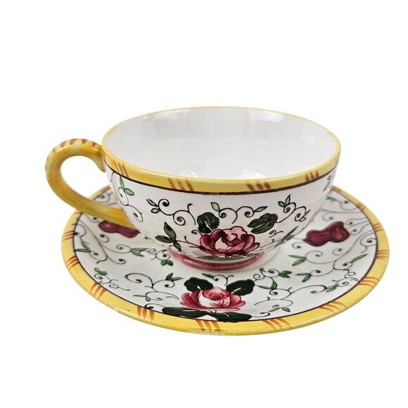 UCAGCO Early Provincial Hand Painted Rooster Rose Cup Saucer Set Japan Vintage - Picture 4 of 10